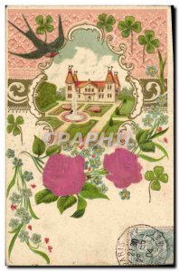 Old Postcard Fantasy Flowers Swallow