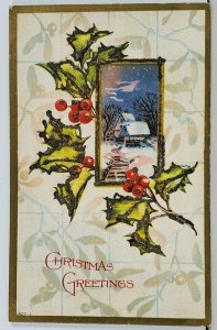 Christmas Greetings Scenic Glitter Embossed c1915 Postcard L15