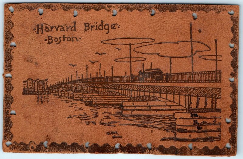 c1900s Harvard Bridge Boston MA Leather Postcard Novelty Streetcar Vtg A26
