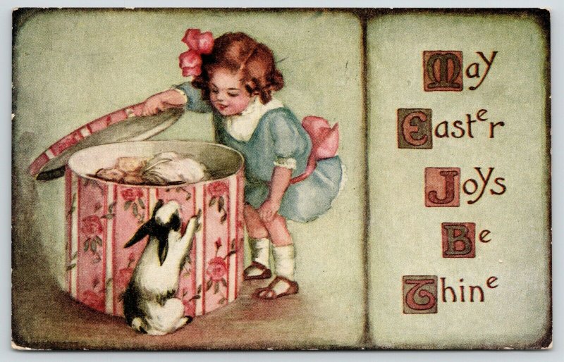 Antoinette Clark Easter~Girl Opens Band Box~Feather Hats~Bunny Peers In~1912 PC 