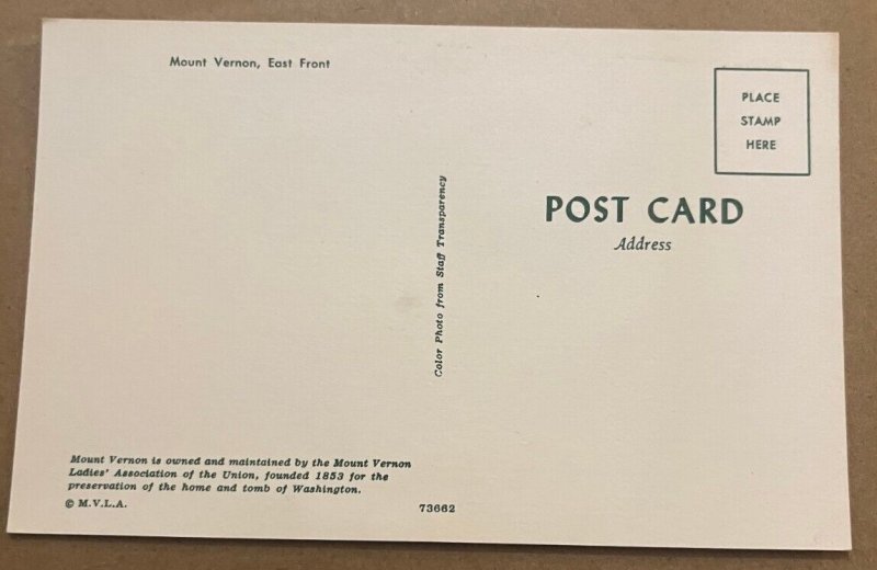 VINTAGE POSTCARD UNUSED - EAST FRONT, MT. VERNON, VA.
