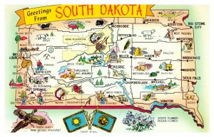 Postcard SD South Dakota Map card with State Flower Bird Flag