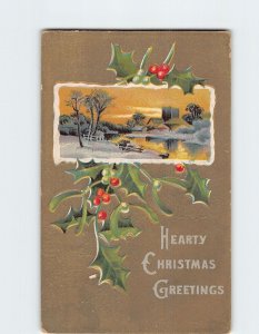 Postcard Hearty Christmas Greetings with Hollies Embossed Art Print