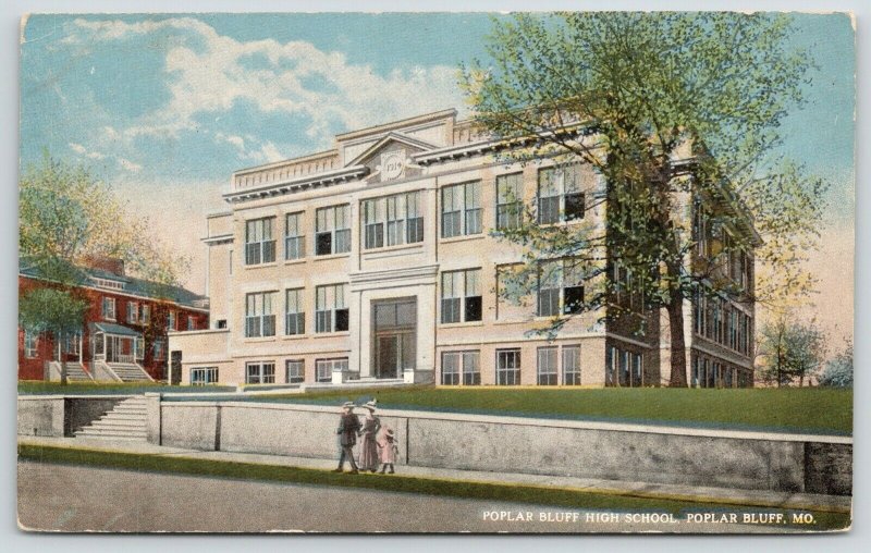 Poplar Bluff Missouri~Family Strolls Past High School~c1914 Artist Postcard 