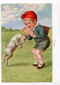 288536 Crying Boy & GOAT by WF FIALKOWSKA Vintage #1851 PC