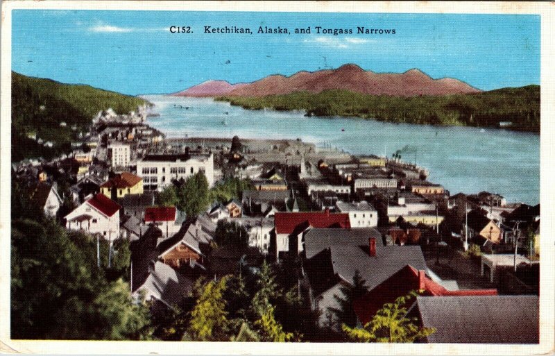 c.1941 Ketchikan Alaska Tongass Narrows Posted Linen Aerial VTG Postcard  