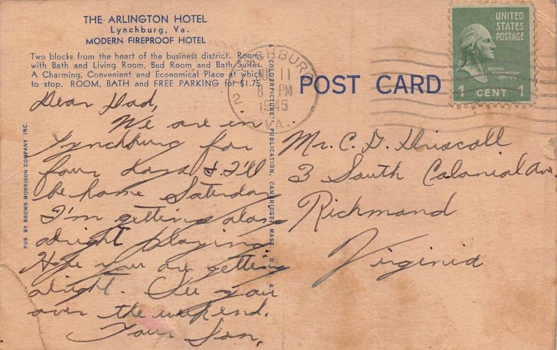 Lynchburg Virginia-The Arlington Hotel & Coffee Shop-1945 postcard