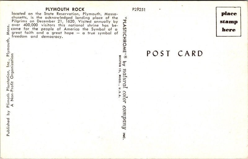 Plymouth Rock State Reservation Massachusetts Monument Historical UNP Postcard 