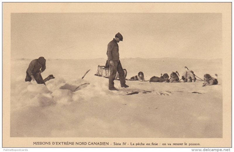 Catholic Missionaries Carrying Fish Back to Camp on Dogsled, Northwest Territ...