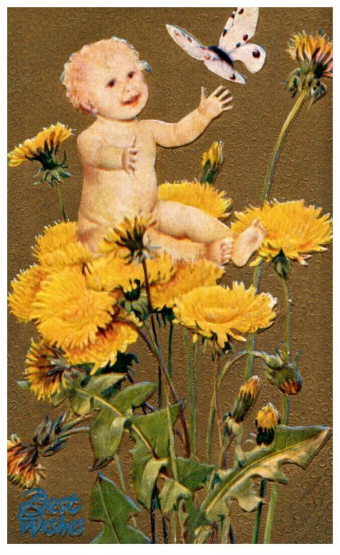 Baby sitting on flowers, Butterfly