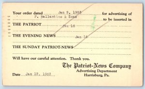 1953 The Patriot News Company Advertising Department Harrisburg PA Postal Card