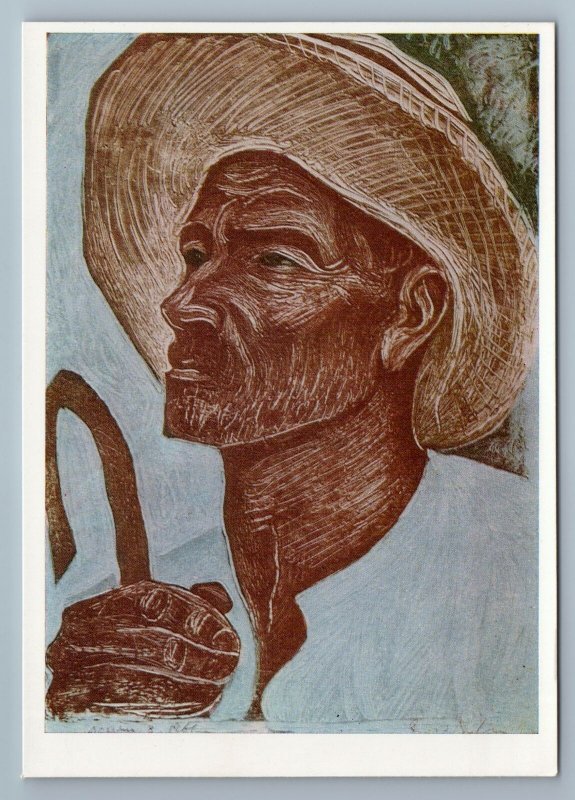 1968 Semertzidis PEASANT MAN in hat Stick Graphic Art Greece Vintage Russian pos