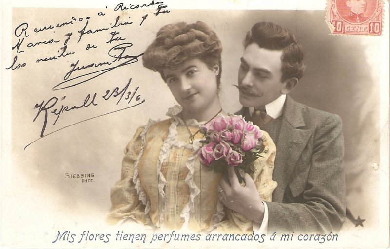 Couple. Romance with roses Nice old vintage French postcard