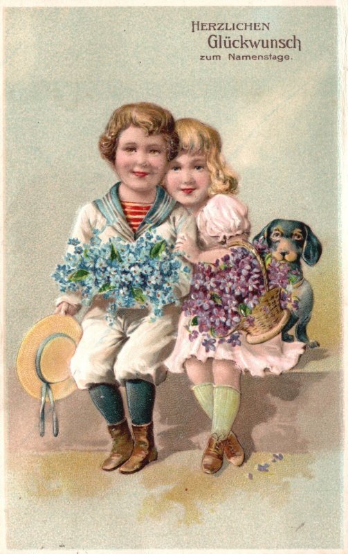 Vintage Postcard Girls and the Black Dog Friendship Remembrance Card