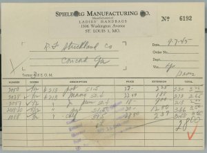 1945 Spielberg Manufacturing Co. St. Louis Mo. Ladies' Handbags  Invoice 328 