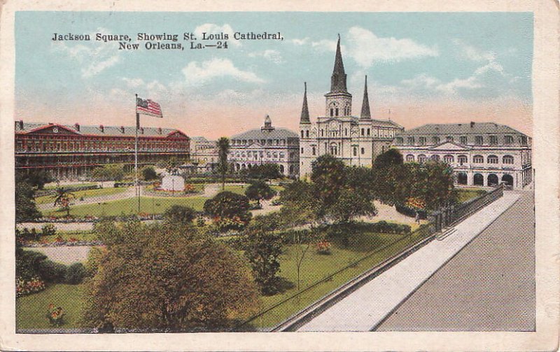 Postcard Jackson Square Showing St Louis Cathedral New Orleans LA 1921