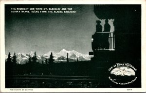 Postcard Midnight Sun Tints Mt. McKinley and Alaska Range Alaska Railroad Train