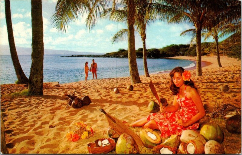 Vtg Kapalua Fleming Beach Woman Chopping Coconuts Maui Hawaii HI Postcard