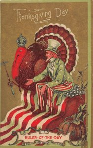 H95/ Patriotic Postcard c1910 Thanksgiving Uncle Sam Turkey Ruler 238