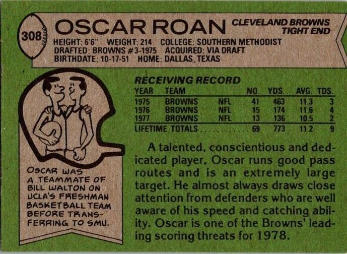 1978 Topps Football Card Oscar Roan Cleveland Browns sk7104