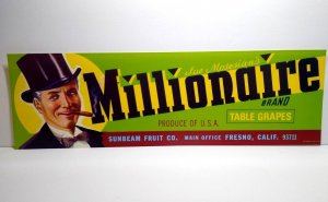 Millionaire Crate Label Top Hat Man Cigar Bow Tie 1960s Vintage Table Grapes