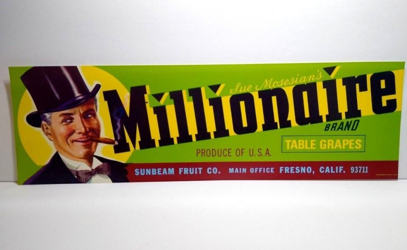 Millionaire Crate Label Top Hat Man Cigar Bow Tie 1960s Vintage Table Grapes