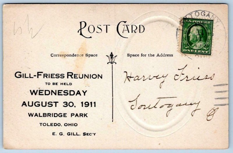 1911 GILL-FRIESS REUNION*TOLDEO OHIO*WALBRIDGE PARK*EMBOSSED ANTIQUE POSTCARD 