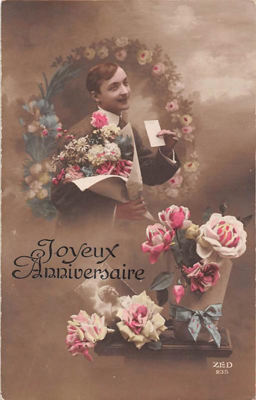 Joyeux Anniversaire Flowers Fleurs Elegant Man Bouquet Letter Hippostcard