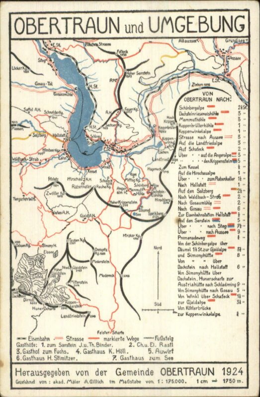 Map - Obertraun und Umgebung Austria 1924 Postcard