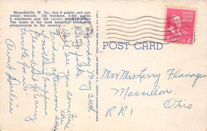 B25/ Moundsville West Virginia WV Postcard 1953 Jefferson Ave Stores Cars