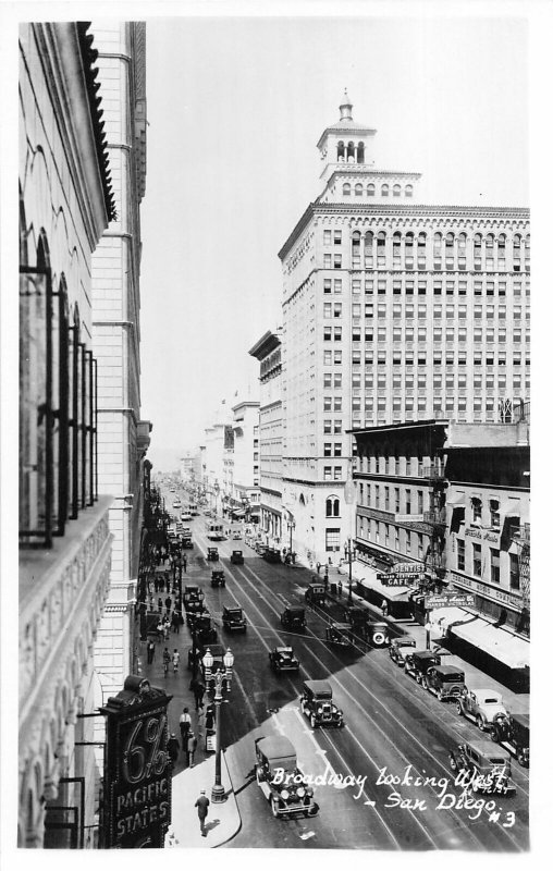 H12/ San Diego California Postcard RPPC c40s Broadway West Autos Buildings