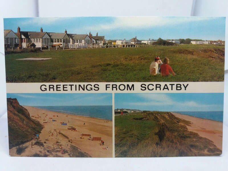 Vintage Postcard Multiview Scratby Norfolk Cliff Top Bungalows Beach 1974