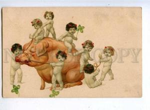 202352 NEW YEAR Nude ELF Fairy ANGELS w/ PIG Vintage LITHO PC