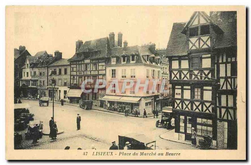 Old postcard Lisieux Place du Marche Butter Cafe Halle au Beurre