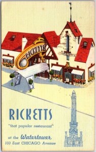 VINTAGE POSTCARD RICKETTS RESTAURANT AT THE WATERTOWER CHICAGO SLOGAN 1950