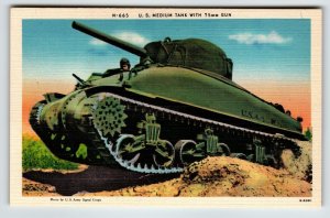 US Army Tank With Gun Military Postcard Wartime Linen Unused World War II