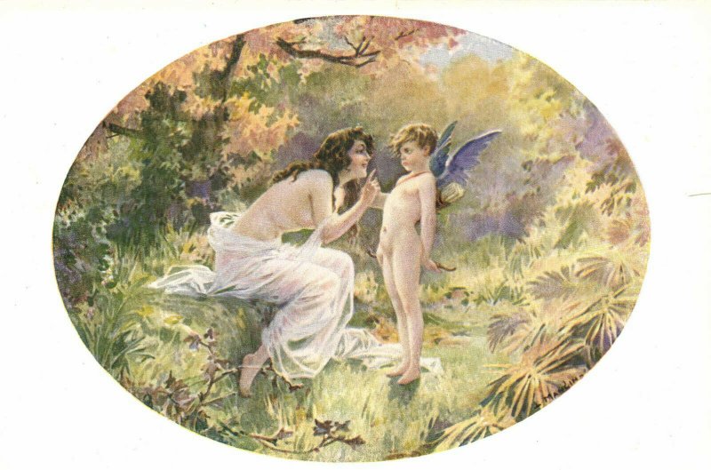 PC CPA NUDE EROTIC, ARTIST SIGNED, MANGIN, LADY WITH CUPID, Postcard(b17513)