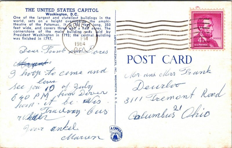 United States Capitol Washington DC Postcard PM Dover DE Clean Cancel WOB Note 