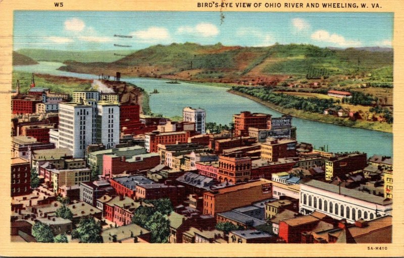 West Virginia Wheeling and Ohio River Birds Eye View 1947 Curteich