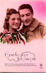 Romantic Couple Woman & Soldier Garde-moi Ion amour Color Tinted Real Photo F...