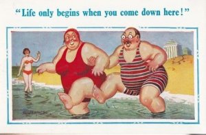 Gigantic Fat Man & Woman Come Down Here Double Meaning Sea Comic Humour Postcard