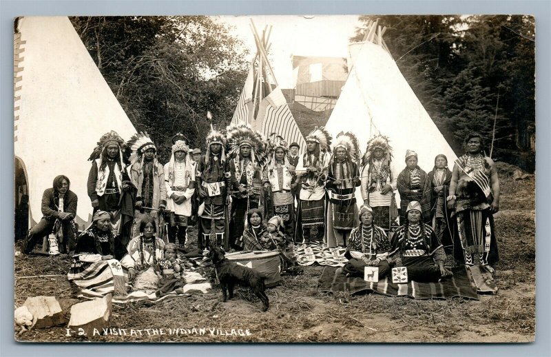 AMERICAN INDIAN VILLAGE GROUP w/ DOG ANTIQUE REAL PHOTO POSTCARD RPPC SALEM OR