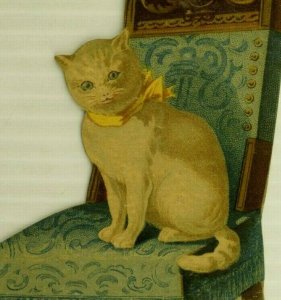 1880's Die-Cut Adorable White Cat Yellow Ribbon In Blue Chair Fab! 7S