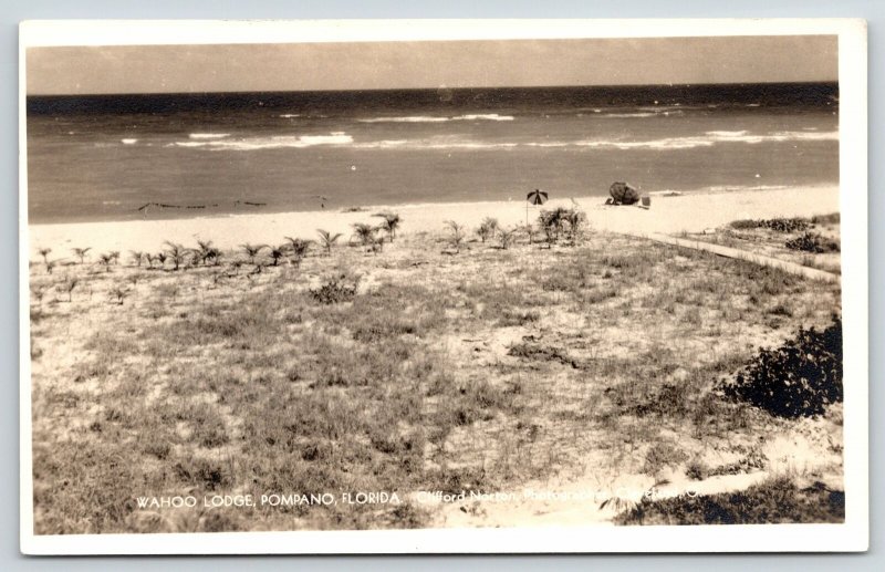 Pompano Florida~Wahoo Lodge Rough Path to Ocean Beach~Umbrellas~1930s RPPC