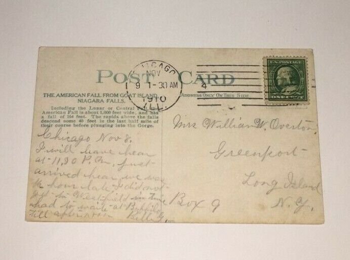 VINTAGE POSTCARD USED 1910 AMERICAN FALL FROM GOAT ISLAND NIAGARA FALLS PENNY PC