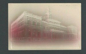 Ca 1908 Post Card NY City Hall Pink & Gray Airbrushed Embossed