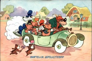 FANTASY Bear Pigs Cat Dressed as People Driving Car Old Postcard