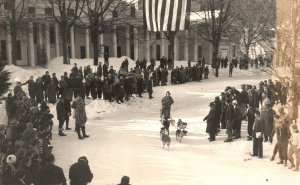 Vintage Postcard 1900's Huskies Husky Dogs Pulling Man Winter Snow RPPC Photo