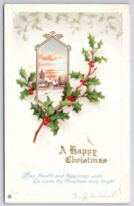 1910's A Happy Christmas Landscape Green Leaves Winter Snow Home Posted Postcard