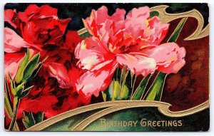 Vintage Postcard Happy Birthday Greetings Card Red Pink Roses Flowers Watercolor